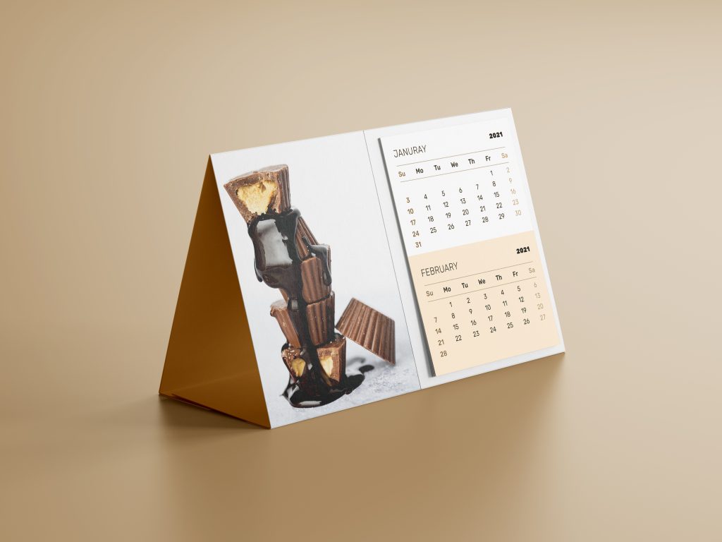 Chocolate themed horizontal desk calendar mockup