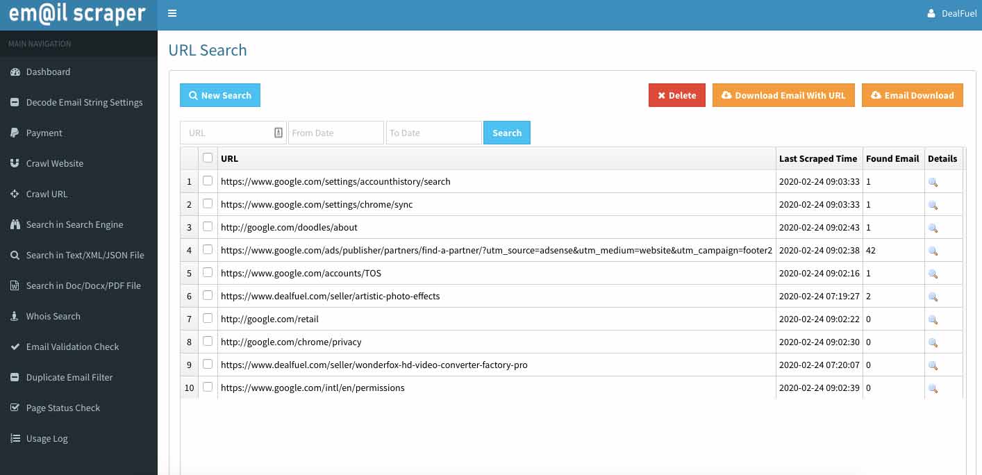 URL Search dashboard of Email Scraper Tool and website crawler