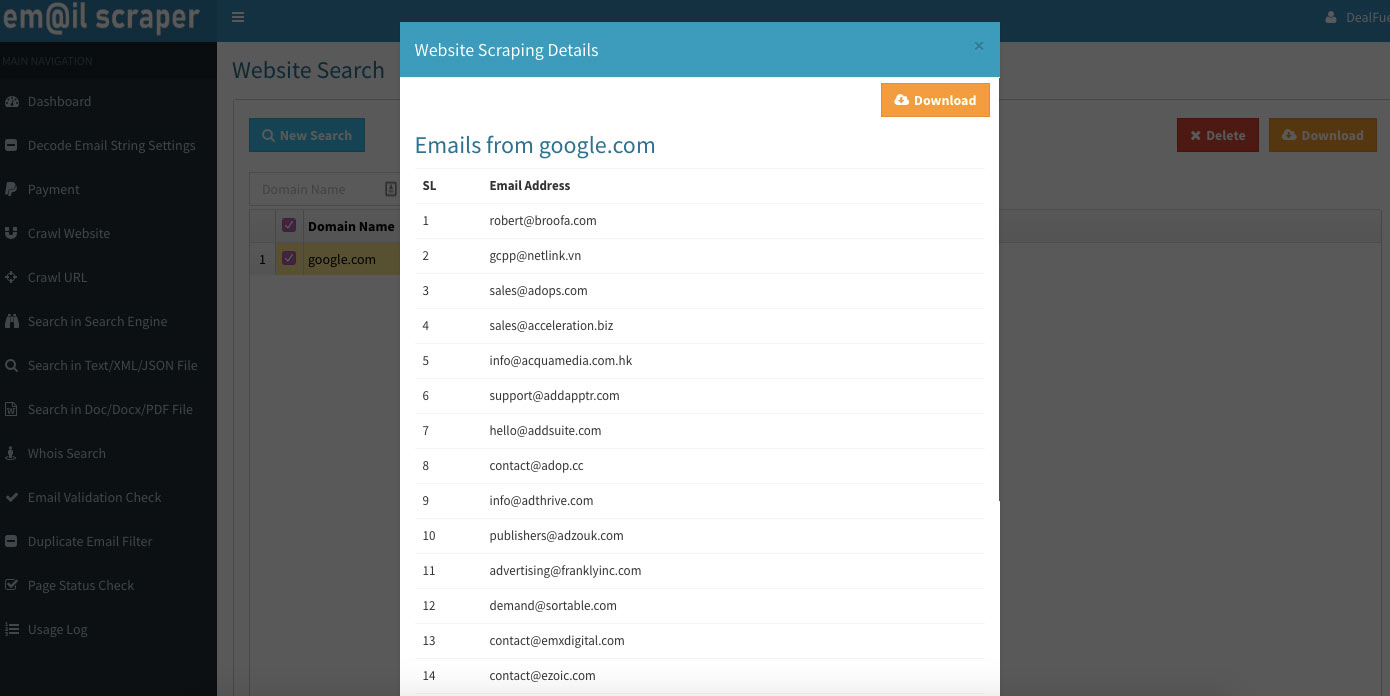 website scraping details of Email Extractor and crawler 