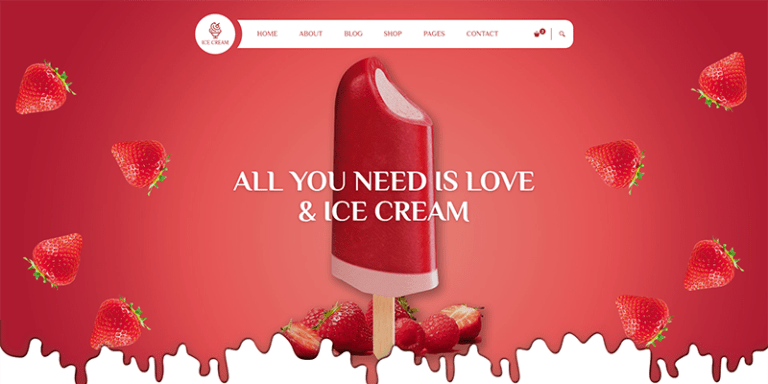 A red-coloured ice-cream with strawberries around it and branding on the top left corner