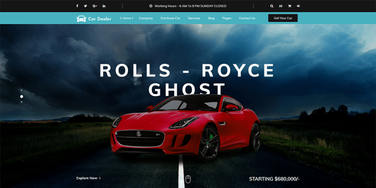 A car dealer website with a Jaguar F-Type in the banner.