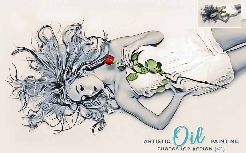 female model lying on ground holding a rose with oil paint ps action applied