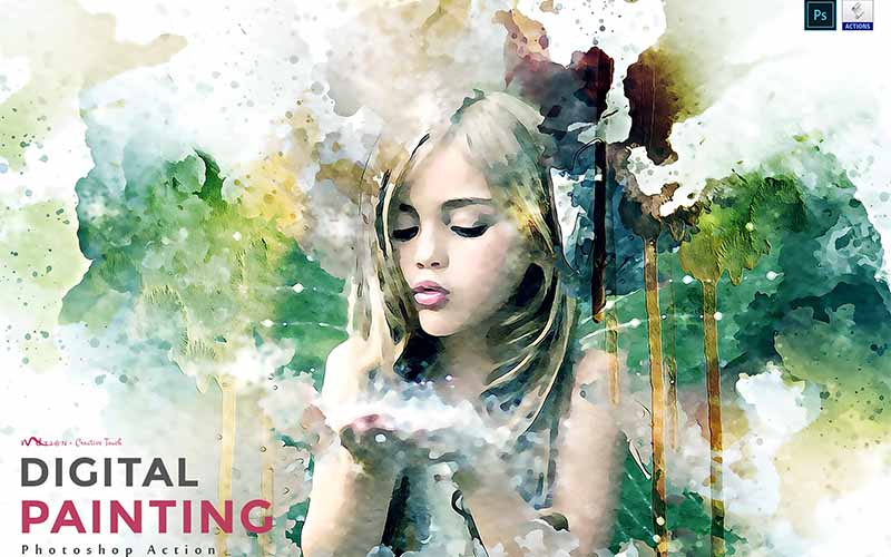girl blowing away something from her hand with painting effect applied