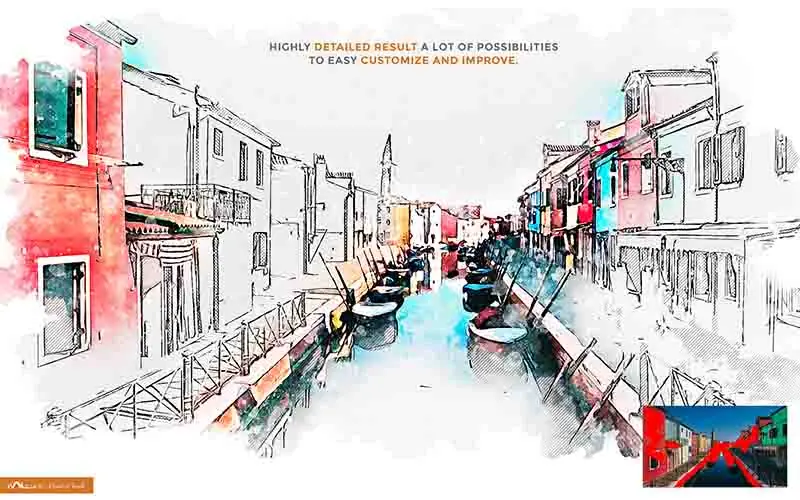 cityscape of lakeside buildings with sketch effect applied