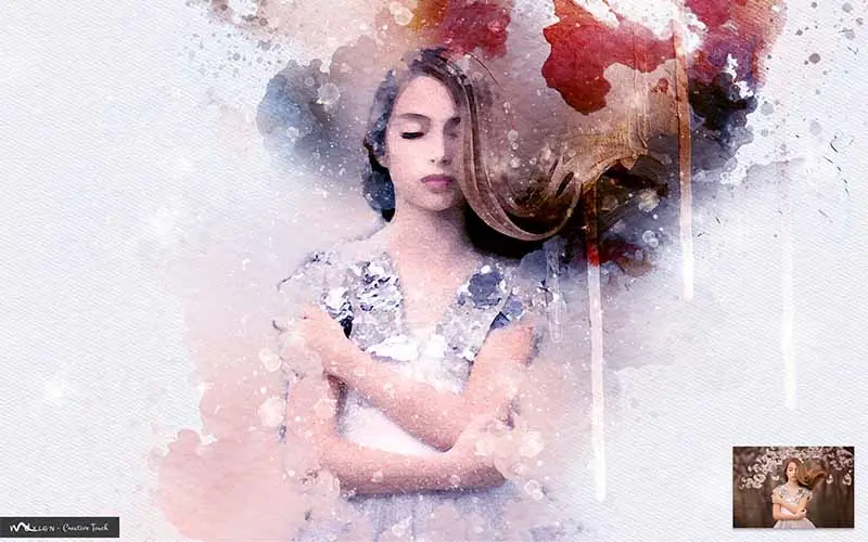 girl standing in front of blossom trees with aquarelle effect applied