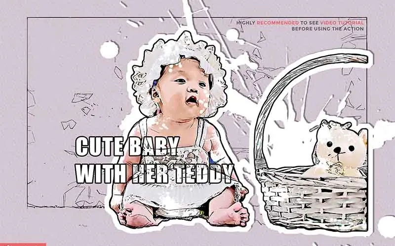 cute baby and a teddy with painting effect applied