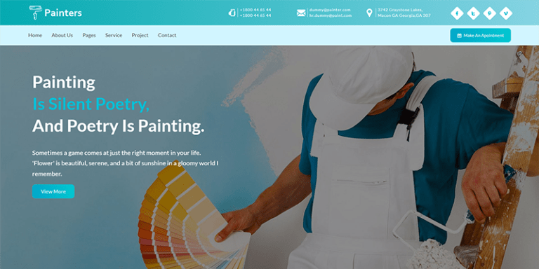 A painting website where a painter holding different shades of colours in his hand and a roller in his other hand