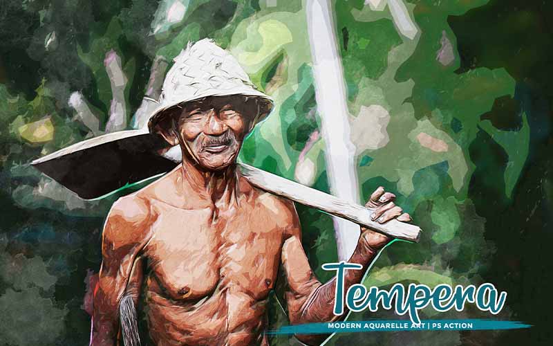 farmer wearing cap holding shovel with aquarelle effect applied
