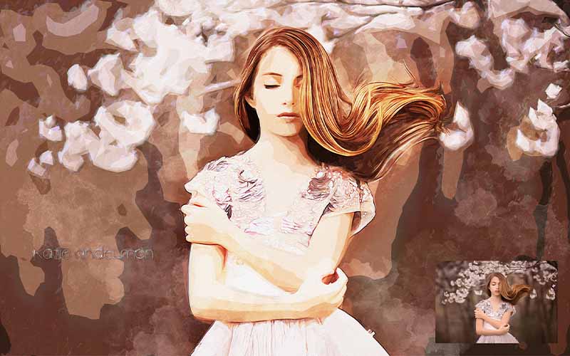 girl standing in front of blossom trees with watercolor effect applied