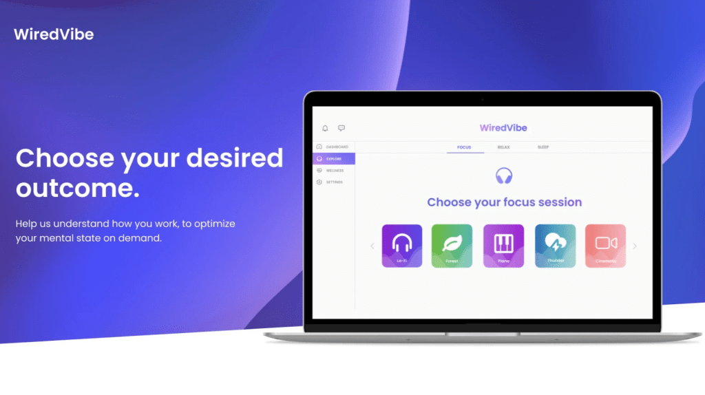 A laptop showing the screen to choose the focus session of WiredVibe