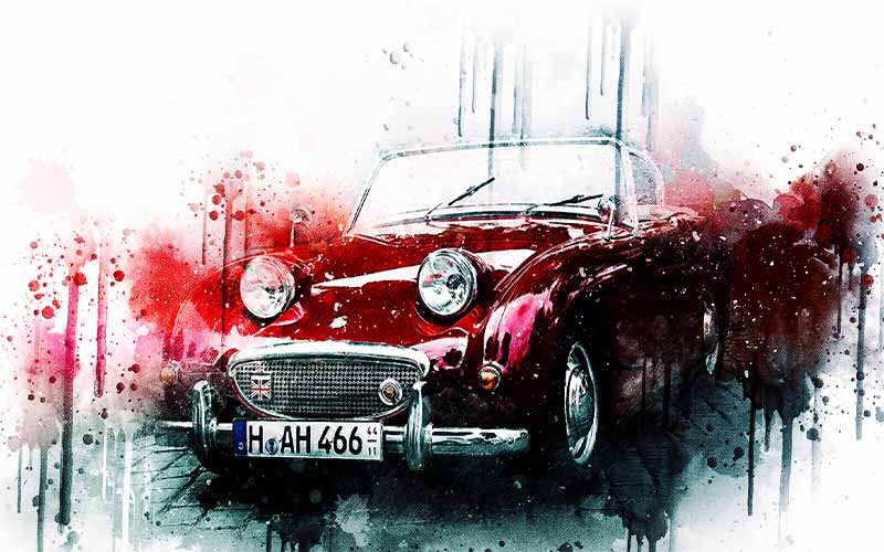 red vintage car with watercolor effect applied