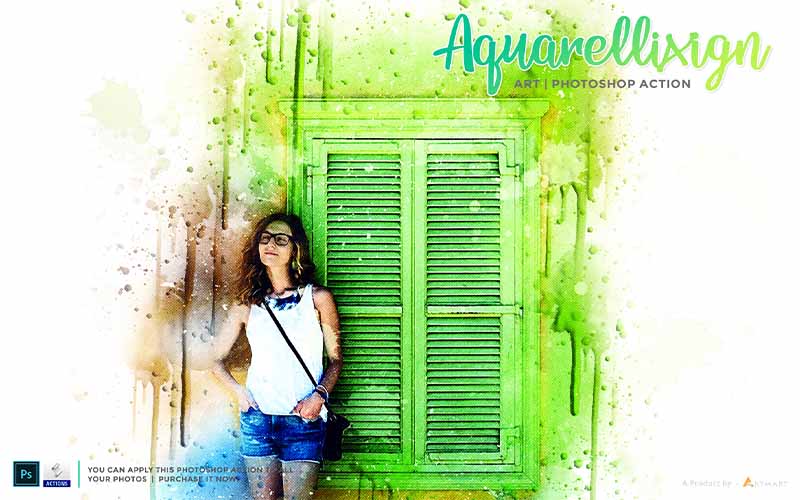 woman standing beside a green window with aquarellixign effect applied