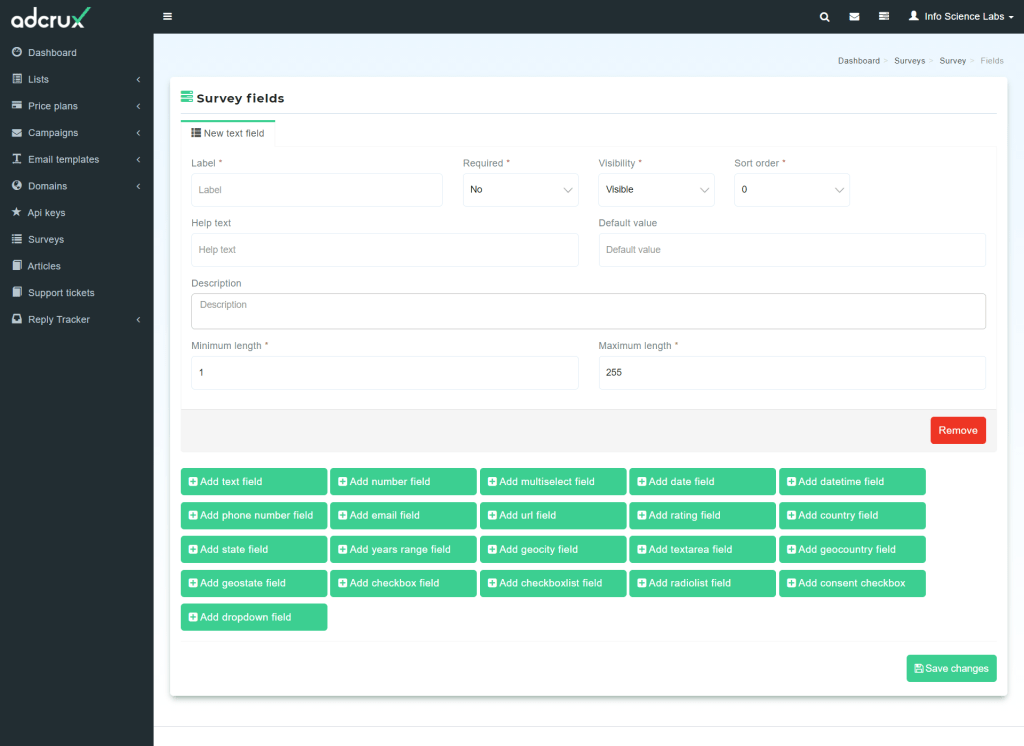 Adcrux's Survey Fields page