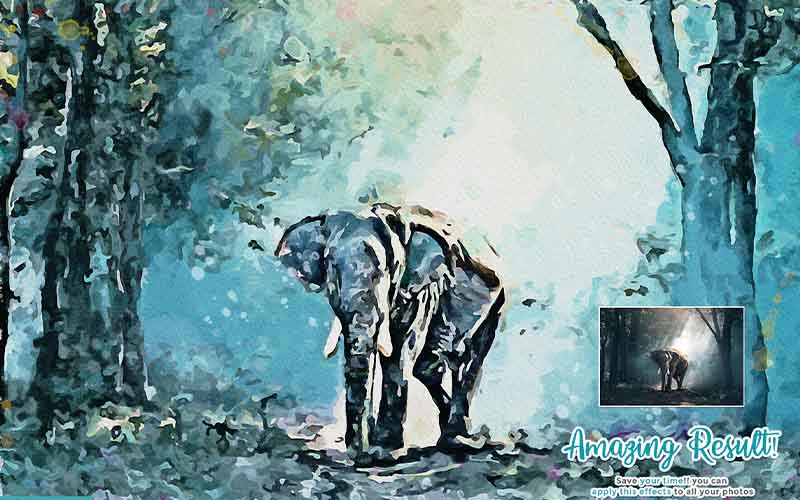 watercolor painting of elephant in forest with a blue tone