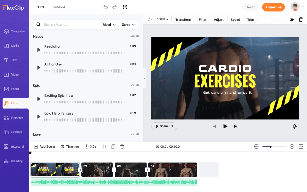 FlexClip's Music section showing Cardio Exercises video as the chosen option
