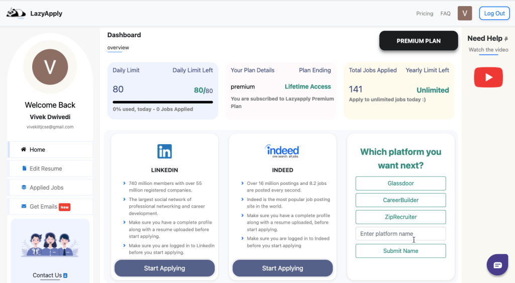 LazyApply dashboard with different job providing sites