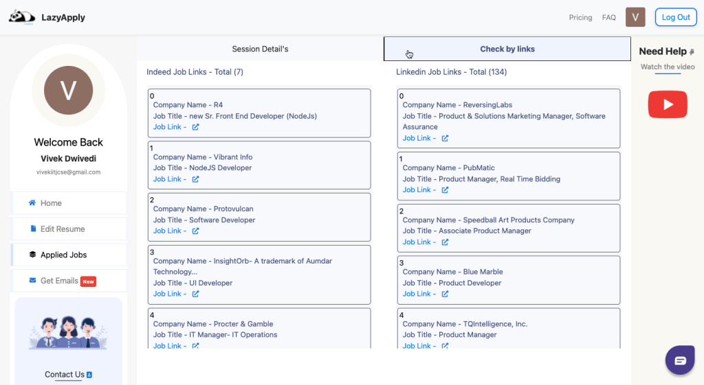 LazyApply showing a list of jobs applied in the "Applied Jobs" section