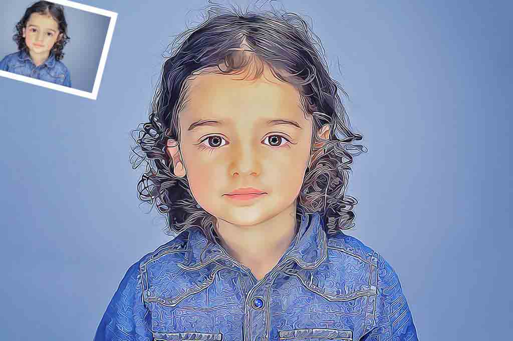 Oil painting of a little girl wearing a blue shirt