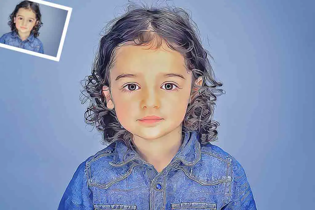 Oil painting of a little girl wearing a blue shirt
