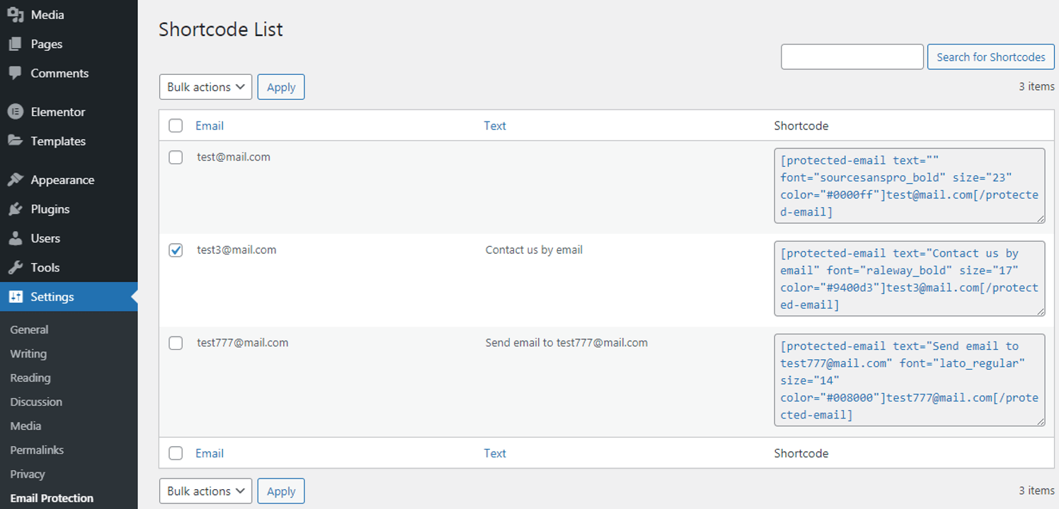 Email Protection WordPress Plugin - Short Code List
