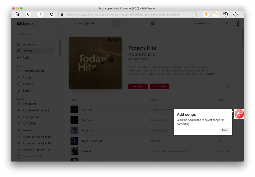 "add songs" option in the apple music's playlist section