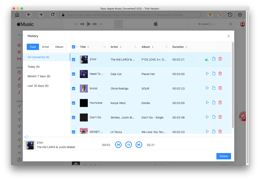 apple music's "converted history" section