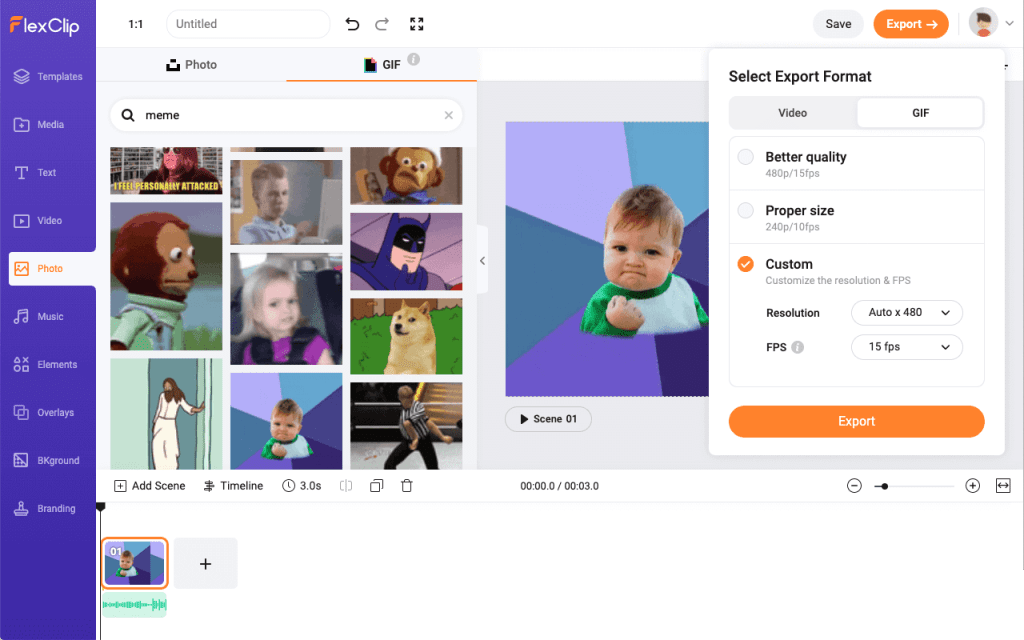 Different GIFs in the Photo section of FlexClip where GIFs are made