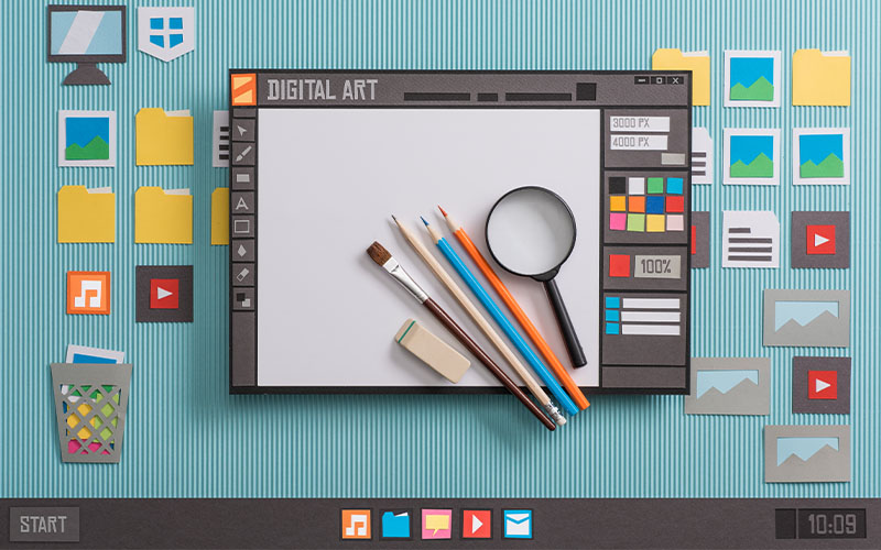A blank space with magnifying glass, eraser, brush, and pencils with several icons and more objects to use for graphic designing