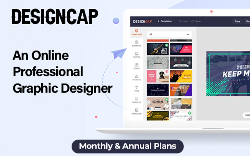 DesignCap banner with tagline and editing window of the software