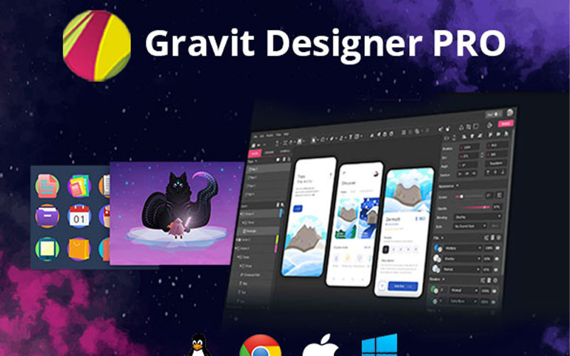 Banner for Gravit Designer with templates and designs floating in space