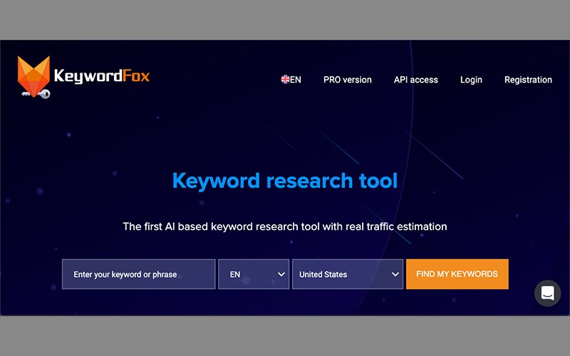 KeywordFox banner with search field and typography against a navy blue background.