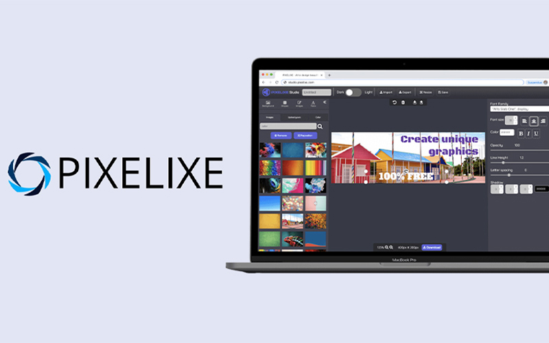 Pixelixe banner with logo along with an editing window opened in a laptop