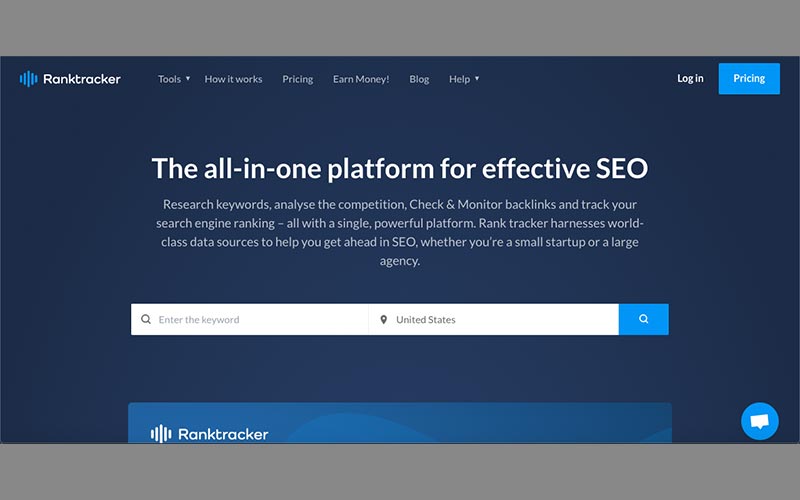 Banner for Ranktracker software with typography and search bar againsta blue bakground.