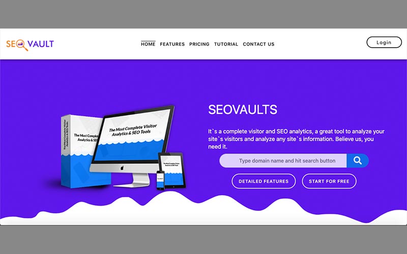 Banner for SEOVaults with product ad on desktop, phone, tablet, and actual product.