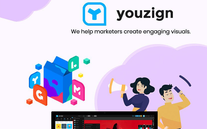 Youzign banner with tagline and animated people holding speaker with a few icons