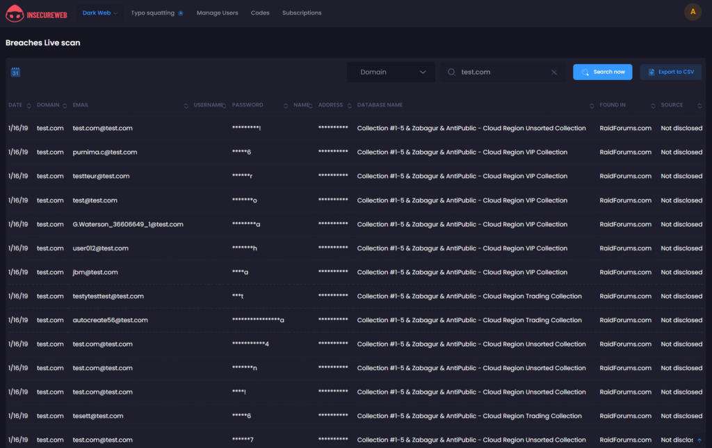 insecureweb - dark web monitoring tool reports