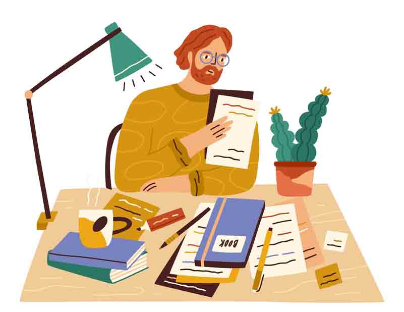 Animated image of a man reading some notes on his desk covered with stationery and a table lamp