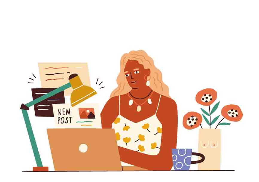 animation of a woman working on her laptop posting