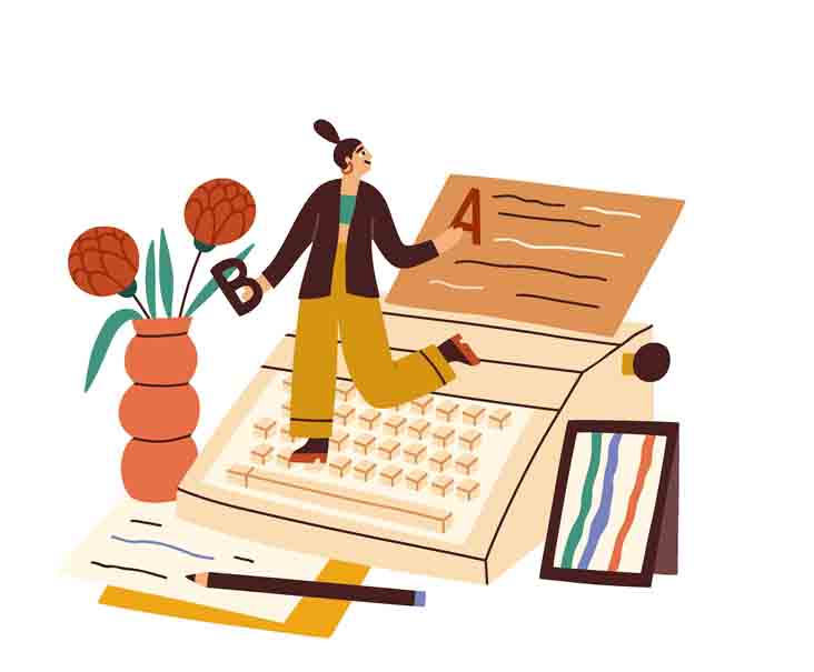 animation of a woman walking on a typewriter