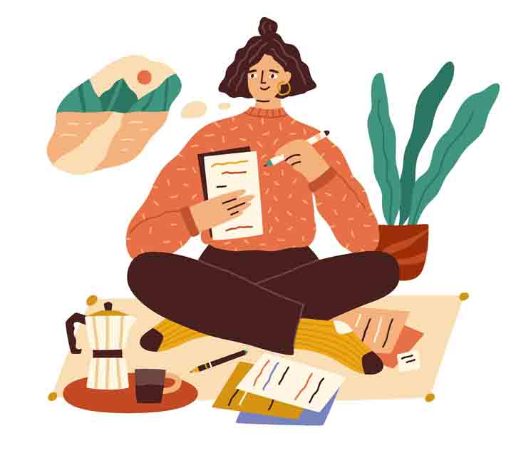 animated image of a woman sitting on a mat, writing someting on a note thinking of scenery with mountains and road