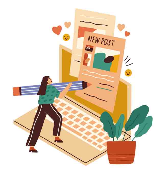 animation of a woman holding a giant pencil and writing some posts on her giant laptop