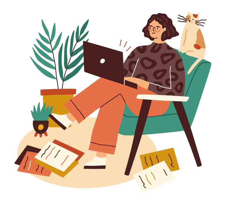 Animated Image of a woman reclining on a chair working on a laptop with a cat sitting on the chair
