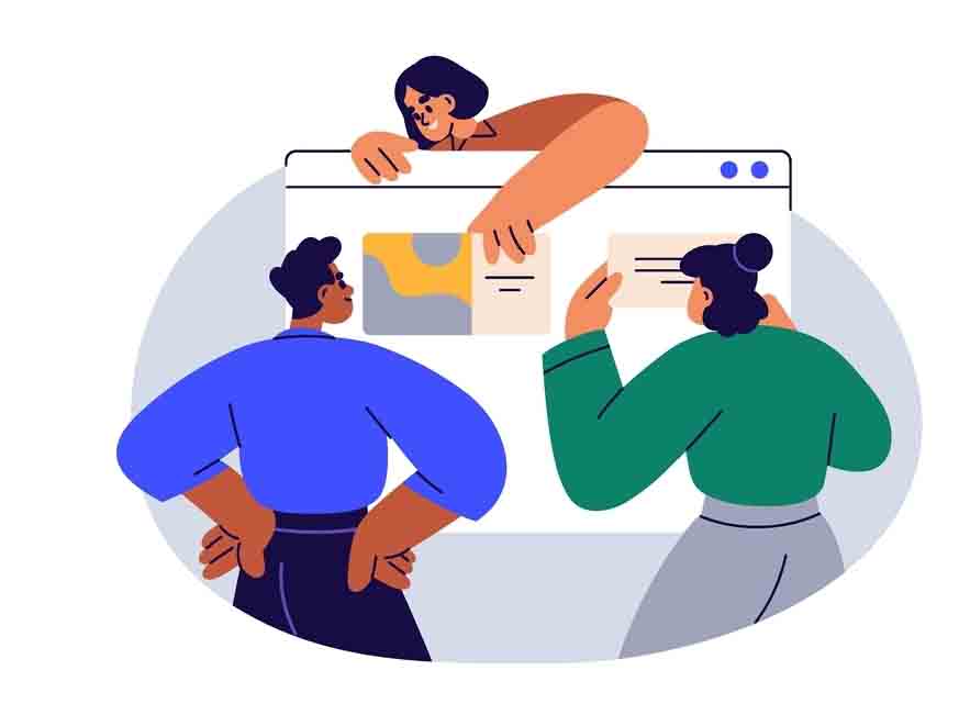 animated image of 3 people having a discussion on a pop-up window