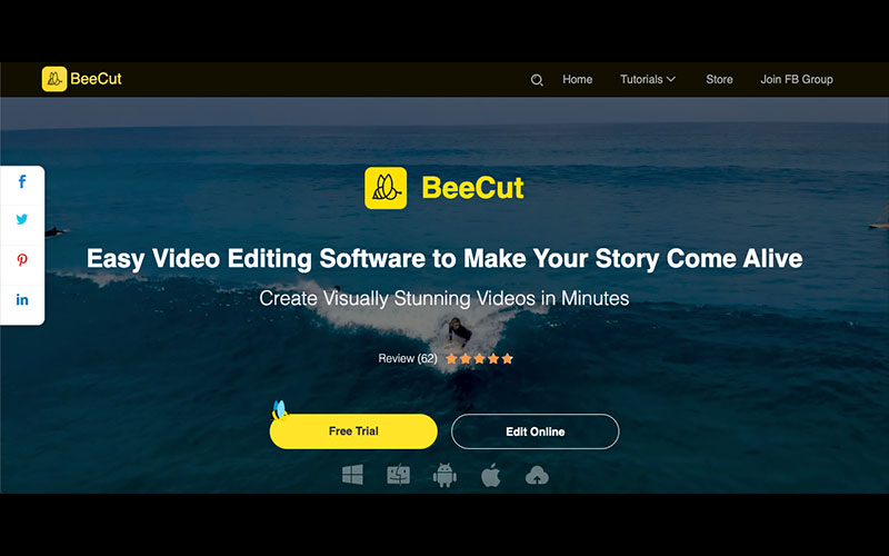 BeeCut video editor with typography and surfer surfing in the sea in background