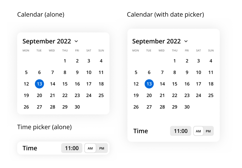 Calendar and Date picker shown in free mobile UI Kit