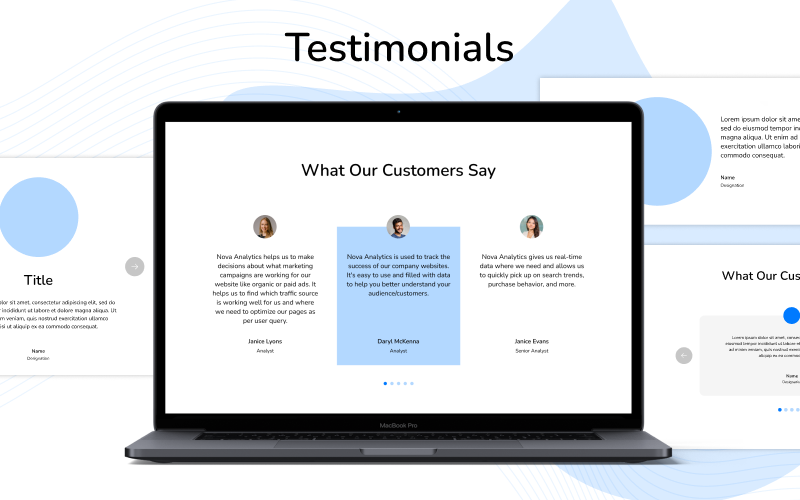 Testimonials example showed on a laptop screen