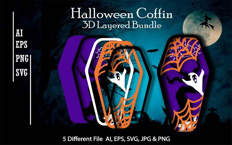 Coffin design with a ghost trying to scare