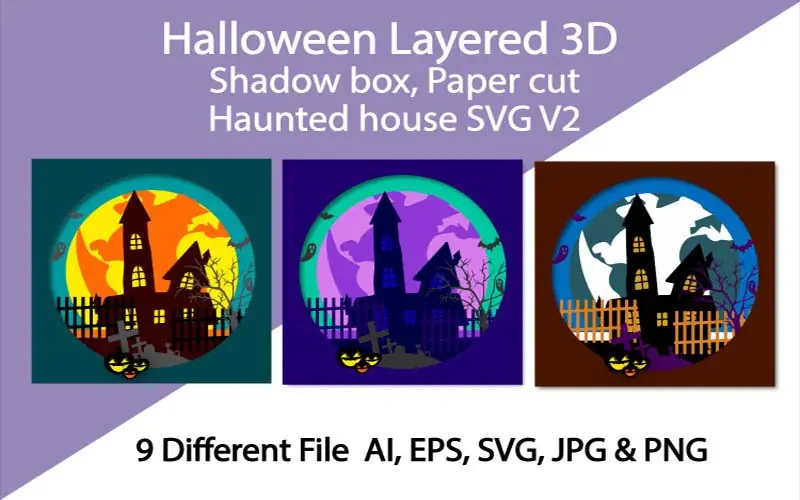 Halloween layered shadowbox with haunted house and pumpkin lanterns
