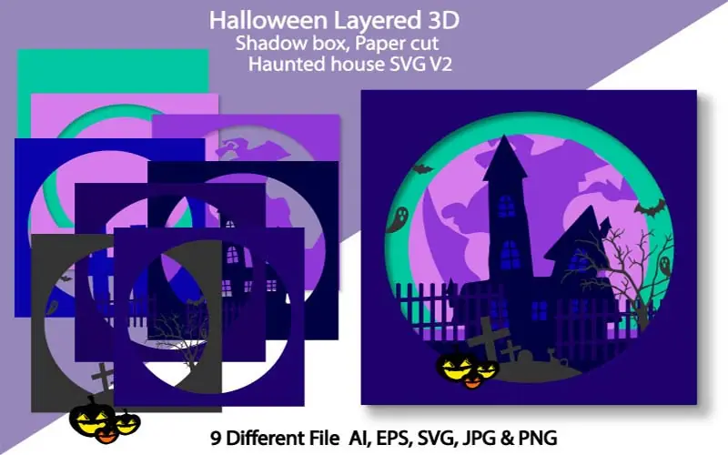 Halloween shadowbox with haunted house and pumpkin lanterns SVG v2