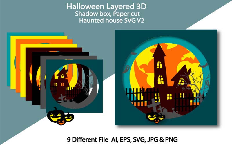 Halloween shadowbox with haunted house and pumpkin lanterns